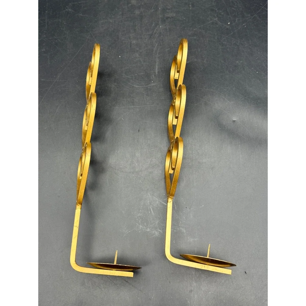 Pair Heart Design Metal Wall Candle Holders Sconces Gold Tone Taper Candle
